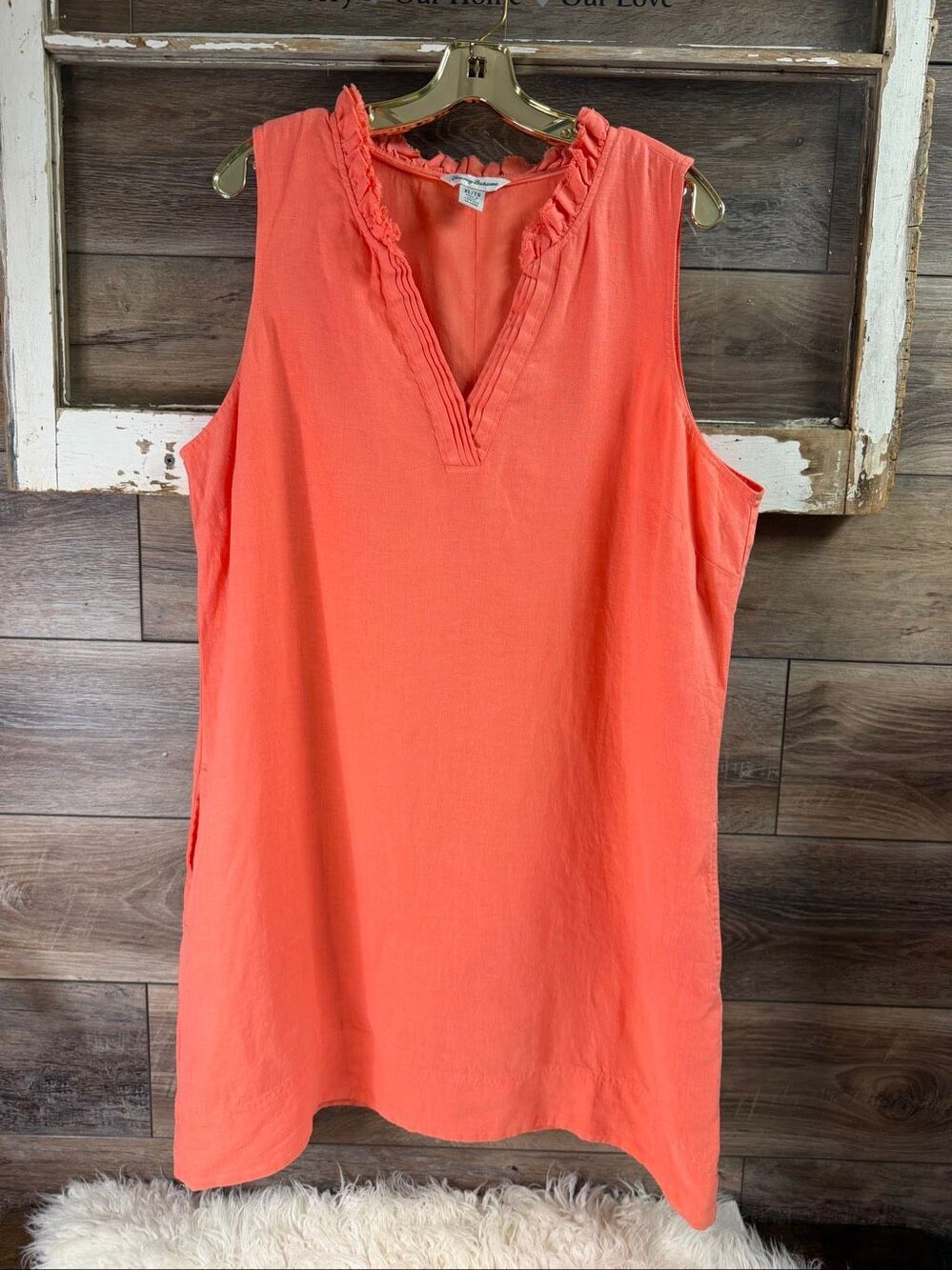 Tommy Bahama Women's Dress Size XL Coral Two Palms Double Ruffle Linen Shift - Picture 2 of 9
